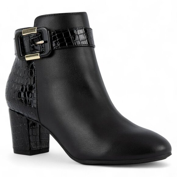 Karen Scott Shoes - Karen Scott Womens Black Mixed Media Croc Buckle Accent Padded Ivyy Dress Bootie
